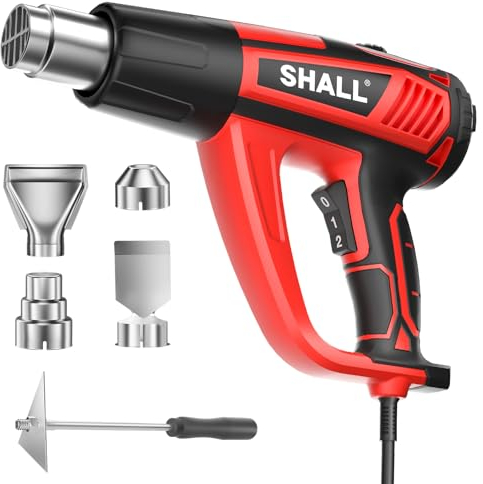 SHALL Heißluftpistole Kit, Variable Temperaturregelung 50℃- 600℃, mit 5 Zubehör,Elektrische Heißluftfön Schnelle, für Heizung, Entfrostung,zum Entlacken, Löten und Schrumpfen