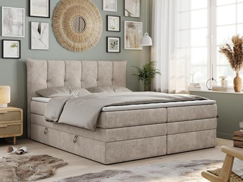 MKS MEBLE King Boxspringbett 140x200 Mit Bettkasten und Matratze H3, Polsterbett Mit Matratze, Premium-10-King Beige Struktur