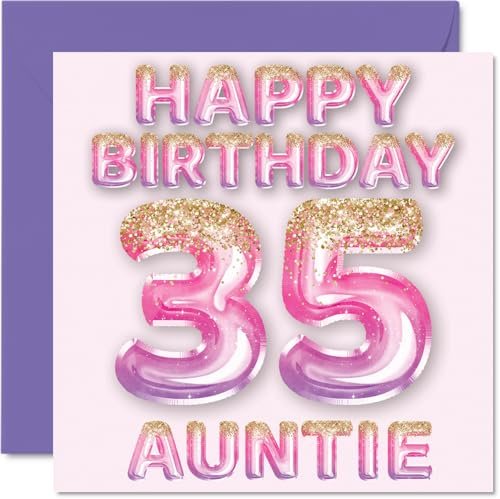 35th Birthday Card for Auntie - Pink & Purple Glitter Balloons - Happy Birthday Cards for 35 Year Old Aunt Aunty from Nephew Niece, 145mm Bday Greeting Cards Gift
