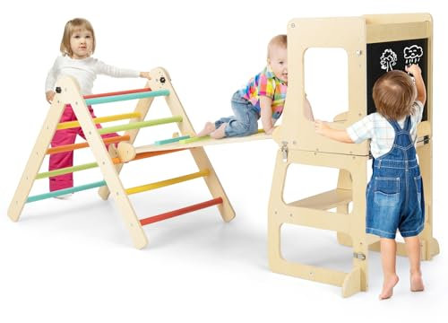 DREAMADE Ensemble d'escalade Pliables Montessori 7 en 1 avec Tour d'apprentissage, Rampe Double Face & Triangle, Ensemble Table et Chaises pour Enfants 3-14 Ans, Charge Max. 60 KG (Multicolore)
