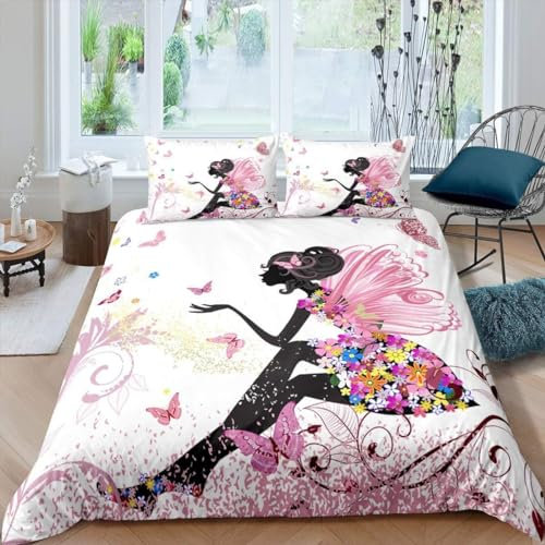 ZZTBQ Filles Papillon Fée Housse de Couette pour Chambre Enfant 1 Personne 140x200/65x65 (2 Piece) Lit d'enfant Mignon Floral Rose Fleur Papillon Parure de lit Enfant pour Garçons et Filles