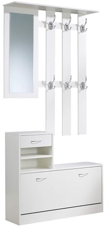 Home Source Wall Mounted 6 Hook Coat Rack with Mirror, Shoe Storage Bench and Drawer, White