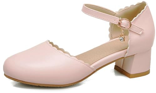 OALEEN Chaussures Sandales Femme Fille Eté Petit Talon Carré Bride Cheville Bout Rond Fermé Escarpins Soirée Mariage Rose 39