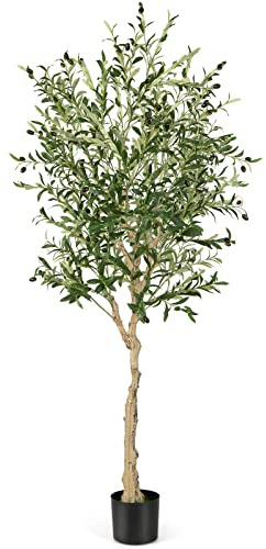 COSTWAY Pianta Finta da Interno da 182 cm, Olivo Artificiale da 2 Pezzi con Vaso di Cemento, 1296 Foglie e 72 Frutti, Pianta Finta per Soggiorno, Ufficio e Negozio (1)