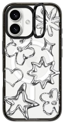 CASETiFY Impact Ring Stand Case für iPhone 16 [Kickstand / 2.0 m, 3X Military Grade Drop Protection/Compatible with Magsafe] - Chrome Doodles - Clear Black