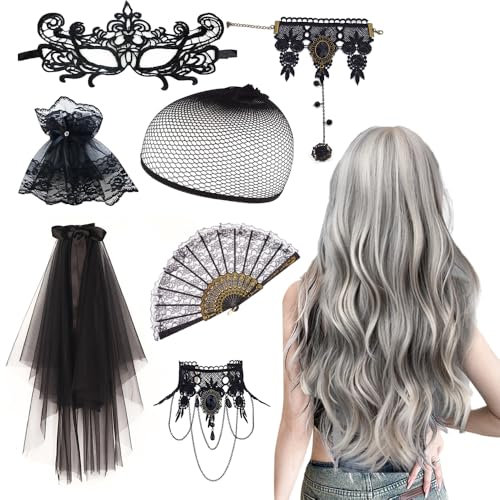 Gramm Halloween Perücke Damen, Halloween Halskette mit Gotisch Schleier Handfächer Manschetten Maske Halskette Armbänder, Vampir Perücke Damen für Halloween Karneval Cosplay Kostüm Party