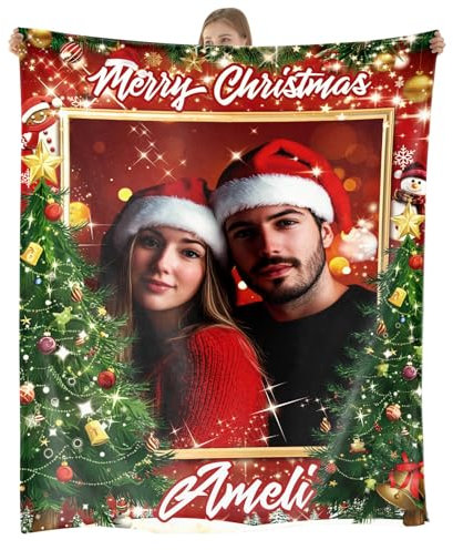 Fotodecke mit Eigenem Foto Name,Personalisierte Foto weihnachtsdecke Selbst Gestalten,weihnachts kuscheldecke Geschenk für Mama, Papa, Baby, Familie,Weihnachten decke 152×203cm(1 Foto&Text-C)