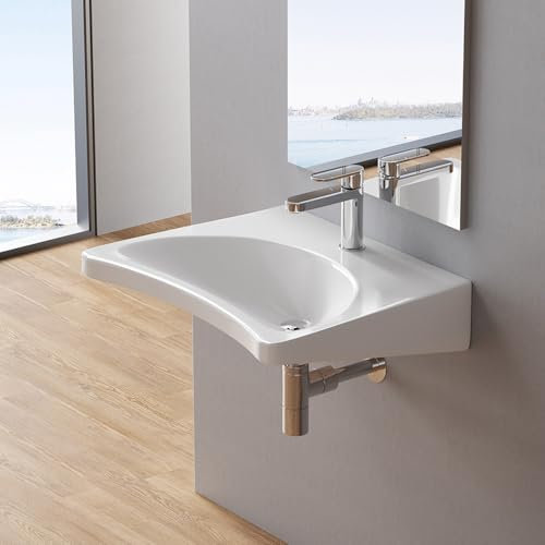 Lavabo sospeso 65 cm per persone anziane e disabili, in ceramica bianco lucido con fissaggi inclusi, COMFORT