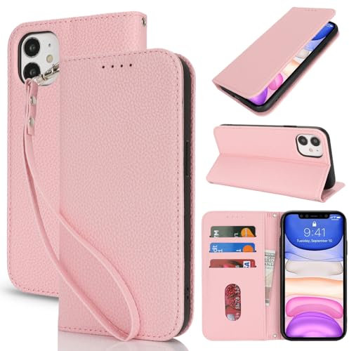 Lipvina Coque pour iPhone 11 en Cuir Portefeuille avec Porte Carte et Rabat Clapet - Etui Antichoc Magnétique pour Protection Complète de Votre iPhone 11,Rose