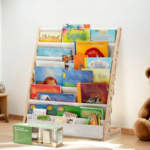 COSYLAND Wooden Kids' Bookshelf - Children's Bookcase Display Rack, 6 Layers - Fabric Toddler Bookshelf, Suitable for Kids' Room and Nursery (24.8 Inches, Pine Yellow)