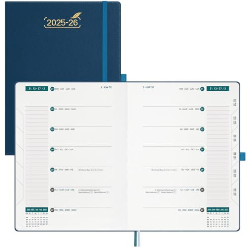BEZEND 18-Monate Kalender 2025 2026 Terminplaner A4 1 Woche 2 Seiten mit 2 Spalten, Wochenplaner von Juli 2025 bis Dezember 2026, Buchkalender mit Pu-Leder Hardcover, Preußisch Blau