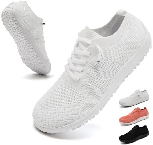 IEBPEH Barfuss Schuhe Damen Barfußschuhe Laufschuhe Turnschuhe Sneaker Sportschuhe Slip On Breite Zehenbox Atmungsaktiv Leichte Weiss Straßenlaufschuhe Weiß 40