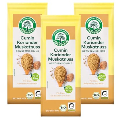 LEBENSBAUM 3 x Gewürzmischung Cumin-Koriander-Muskatnuss Pulver, Bio-Gewürz mit warmer Würze, Gewürzset 3 x 45 g
