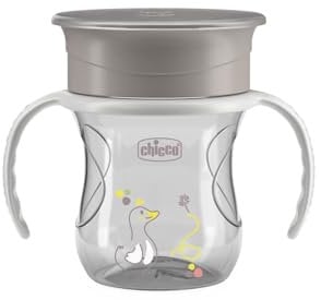 Chicco Perfect Cup Primo Bicchiere per Bambini 200 ml, 1 Tazza Biberon 12+ Mesi per Imparare a Bere, con Membrana in Silicone a 360° e Manici Rimovibili, senza BPA, Grigio
