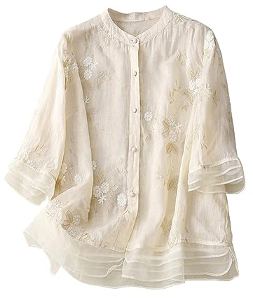 Flodxo Blusen für Damen, elegant, Boho, bestickt, halbe Ärmel, Sommer, Baumwolle, Leinen, Hemden, Bohemian, fließend, lässig, locker, Pullover, Rundhalsausschnitt, Button-Down-T-Shirts, Kleidung,