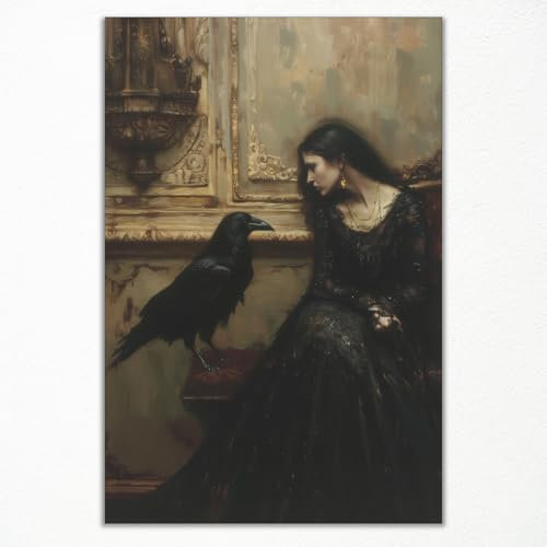 Leinwandbild, Gothic-Prinzessin, Moody Dark Raven, Beauty and The Crow Goth, Viktorianische dunkle Akademie, Wanddekoration, gruseliges Halloween-Bild für Schlafzimmer, Wohnzimmer, 20,3 x 30,5 cm