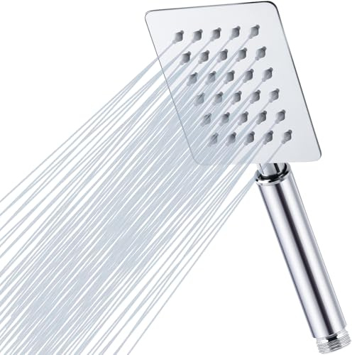 Katezon High Pressure Handheld Shower Head, Square All Metal Stainless Steel High Flow Showerhead with Hand Held, Non-Clogging Silicone Nozzle (Chrome Finish)