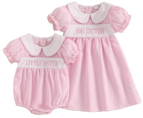 Baby Girls Little Sister Big Sister Matching Outfits Newborn Baby and Toddler Peter Pan Collar Short Puff Sleeve Matching Summer Dresses Gingham Baby Grow (Gingham Big Sister Rose, 3-4 Years)