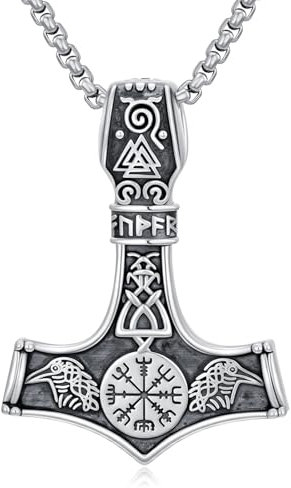 QHQPQ Viking Mjolnir Necklace 925 Sterling Silver for Men Raven Thor Hammer Pendant Norse Pagan Amulet Jewellery Gifts for Women