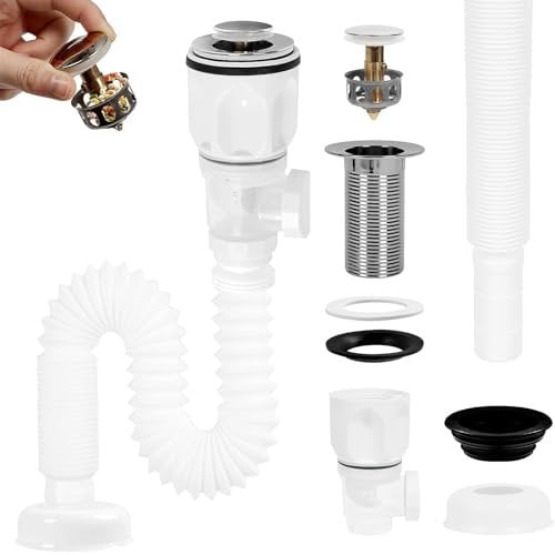 Hshenjhu Kit di Scarico Lavandino Bagno, Tubo di Scarico per Lavandino con Tubo di Scarico Flessibile, Piletta Lavabo Bagno, per Bagno Cucina Tubo Scarico Lavandino, Allungabile da 300-1000MM,Bianco