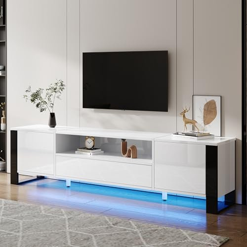 Merax TV-Schrank-Fernsehschrank mit LED-Beleuchtung, Moderner Hochglanz TV Lowboard mit 2 Türen & Schubladen, Holz TV-Schrank für Fernseher bis zu 70 Zoll, für Esszimmer, Wohnzimmer, 178cm, Weiß