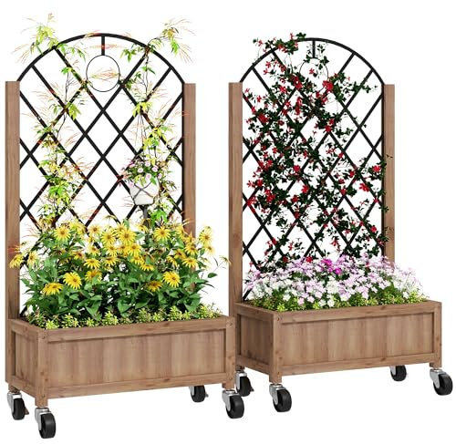 Outsunny Juego de 2 Jardineras de Exterior con Ruedas Jardineras con Celosía Metálica para Plantas Trepadoras Maceteros para Jardín Terraza Patio 52x25x97 cm Natural