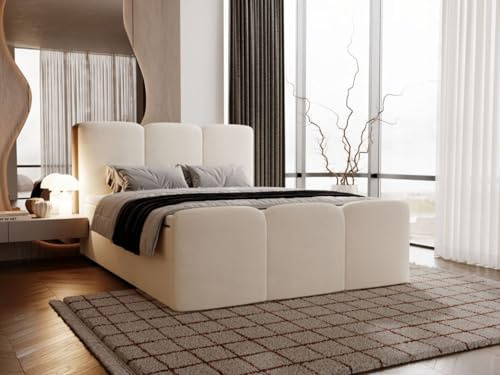 GRAINGOLD Campi Bett 160x200, Boxspringbett mit Bettkasten, Polsterbett mit Bonell-Matratze, Samt Stoff, mit Topper, mit Kopfteil (Creme, 160x200)