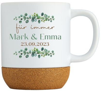 Personalisierte Pärchen Tasse mit Namen & Datum – Für immer – Partner Geschenke – Kaffeetasse mit Korksockel – Geschenkidee Hochzeit & Jahrestag