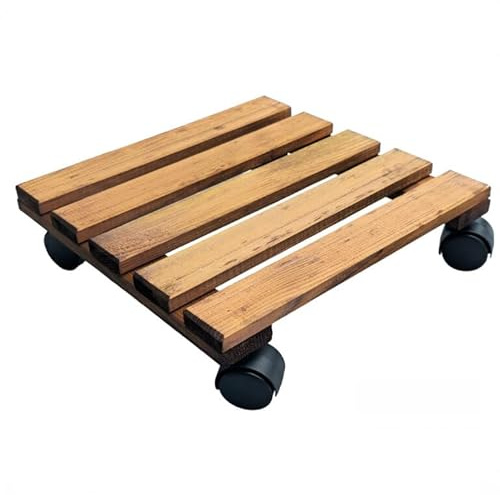 STOLMAK Pflanzenroller Eckig 30x30x8 cm Braun Blumentopf | Blumentopf Untersetzer mit Rollen Outdoor Kiefernholz Wetterfest Rollbrett Pflanzen Transport Blumenuntersetzer Blumenroller