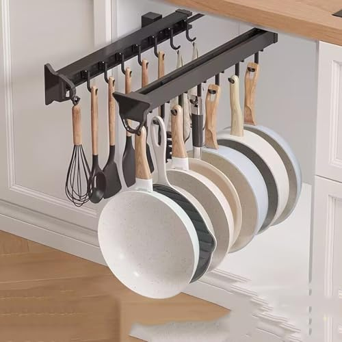 26-56CM Pull Out Mop And Broom Holder, Pull Out Pots And Pans Organizer, Aluminum Alloy Closet Holder Hanger Rail With Adjustable Hooks, For Cabinet, Closet Tie Rack, Belt Scarf Hanger(12.20in-10 hook