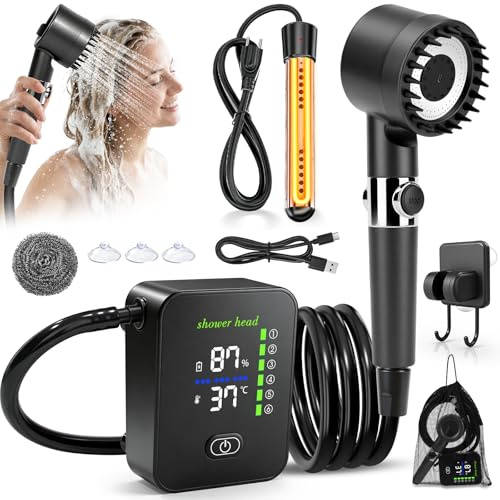KingSom Douche de Camping, Douche Portable avec Chauffage, 8000 mAh Pompe de Douches Électrique Rechargeable, Douches Camping Réglable avec Grand LED Écran Intelligent pour Extérieure, Randonnée