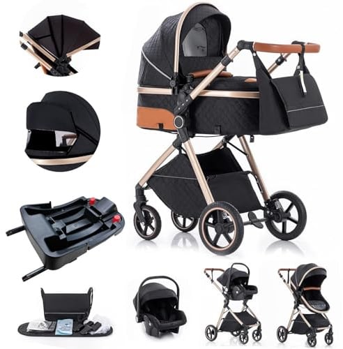 Gcarebb 3 in 1 Kinderwagen Reisesystem mit Isofix-Basis, Kinderwagen mit höhenverstellbarem Griff, Reisewagen mit Regenschutz, Baby-Kinderwagen mit Aluminiumrahmen für Neugeborene