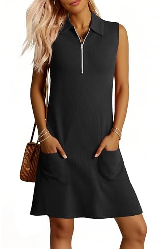 ANRABESS Womens Summer Dresses Casual Sleeveless Ribbed Half Zip Polo Collar Tshirt Dress 2026 Spring Tunics Short Sundress Black Medium