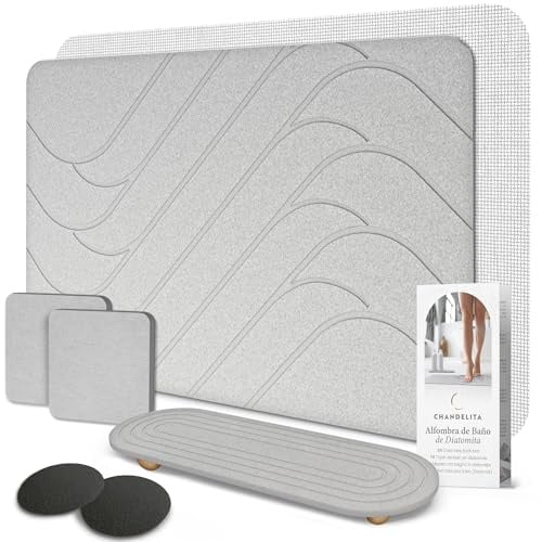 Chandelita Badematte Stein 60×39 cm Set – Schnelltrocknende Steinmatte Badezimmer aus Diatomit mit Zubehör: Anti-Rutsch Netz, Schleifpapier & Diatomit Ablagen – Hygienisch & Schimmelresistent