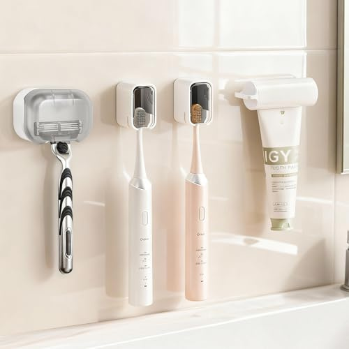 GZhaimai Support de rasoir de douche, 2 porte-brosses à dents, 1 extracteur de dentifrice, autocollant ABS PS étanche sans perçage, support pour salle de bain