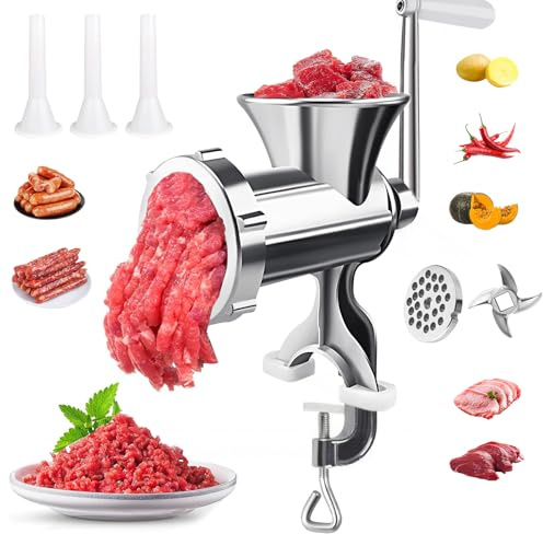 3 In1 Meat Grinder Manual Mincer - Manual Meat Grinder Sausage Maker Meat Grinders For Home Use Fast And Effortless For All Meats (Silver) (#10)