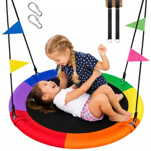 Kynorva Rainbow Saucer Tree Swing, 700LBS Heavy Duty Nest Swing for Kids & Adults, Weatherproof Round Swing with Adjustable Ropes & Full Hanging Kit, Indoor Outdoor Garden Play Toy (100CM)