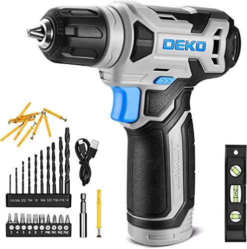 Trapano Avvitatore Batteria 42 accessori - DEKO PRO Trapano Avvitatore Blu con 10 mm Mandrino,Luce LED,Cavo di Ricarica Tipo C,8 V Trapano Elettrico per Forare e Serrare/Allentare Viti