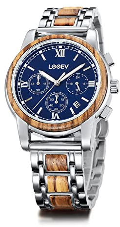 LeeEv Herrenuhren aus Holz, stilvolle Luxusuhr Holz und Edelstahl Chronograph Militär Quarz modische Uhr