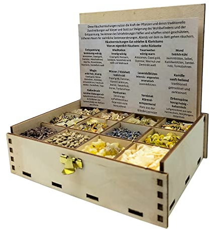 Räucherbox Geschenkbox mit 12 Sorten Räuchermischungen Gut schlafen & Klarträume, 14 x 10 x 4 cm