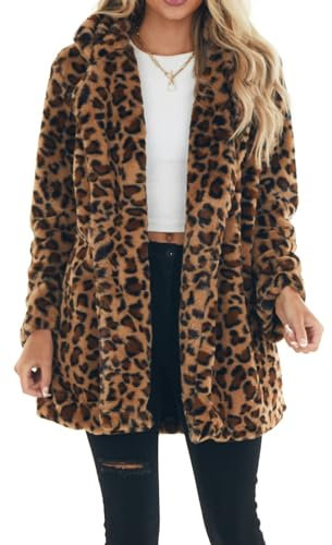 FEOYA Women's Winter Coats Leopard Print Faux Fur Coat Fuzzy Cardigan Oversized Open Front Fleece Jacket Baggy Shaggy Lapel Cardigan Long Sleeve Loose Fit Coat with Pockets Outwear Autumn Winter 3XL