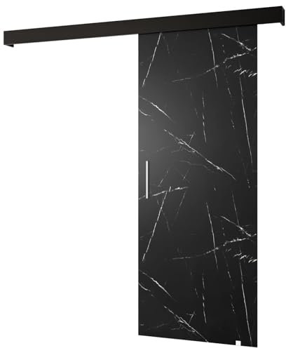 KRYSPOL Schiebetürsystem Salwador 1 Komplett-Set für Schiebetüren, Trennwände Innentüren, Modern Design (Schwarzer Marmor/Gitter: schwarz matt/Griff: Silber)