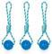 Relaxdays Hundespielzeug Ball mit Seil, 3er Set, Wurfball für Hunde, Ø 8,5 cm, Hundeball Zahnpflege, Schleuderball, blau