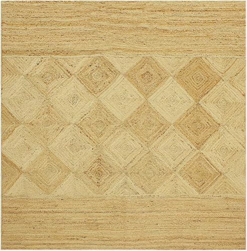 CASAVANI Handgeflochtener Kelim-Teppich aus natürlicher Jute, quadratisch, 122 cm, Beige, Diamant-Design, Juteteppich, Karomuster, dick, 0,7 cm, Flachgewebe-Teppich, für drinnen und draußen, Teppiche