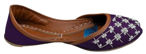 Women Ladies Traditional Embroidery Ethnic Bridal Handmade Leather Violet with Silver Embroidary Flat Khussa Indian Pumps Slip On Shoes (6)
