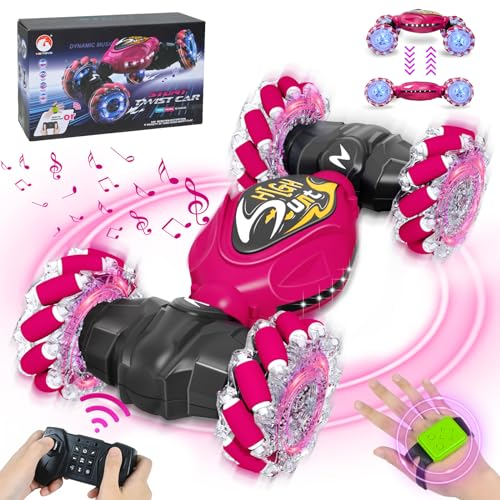 FORMIZON Ferngesteuertes Auto mit Handsteuerung, 2.4GHz 4WD RC Auto mit Licht und Musik, 360° RC Stunt Car Offroad Geschenk für Junge Mädchen (Rosa)