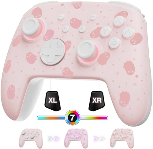 PALPOW [Leuchtend Modus] Switch Controller Wireless kompatibel mit Switch/OLED/Lite, Firefly Bluetooth Remote Gamepad mit 7 LED Farben/Paddle/Turbo für Halloween - Geist Rosa