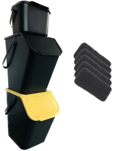 Go Practic 3-er Mülleimer-Set Küche Mülltrennsystem 2x Mülleimer 25l mit Deckel 1x Kleiner Abfalleimer Biomüll-Behälter und 3-Pack Bioaktivkohlefilter Stapelbar CLICK-Funktion