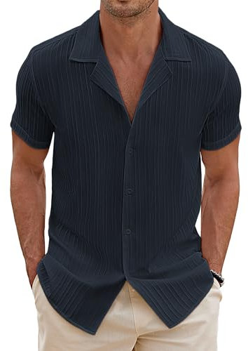 COOFANDY Chemise Texturée pour Homme Chemise À Manches Courtes Chemise e Chemise Décontractée pour Homme Chemise Hawaïenne Chemises De Plage Plissées Casual Bleu Violet XL