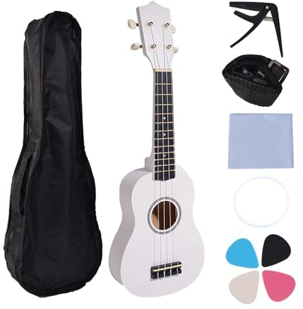 LIVASH 21-Ukulele-Set für Anfänger, 4-Saitige Kleine Gitarre, Lindenholz-Ukulele mit Tragetaschenclip und 4 Plektren – Weiß, Langlebig